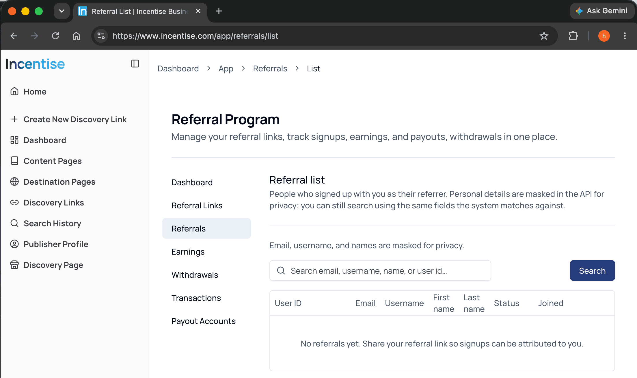 Incentise account Referrals tab showing your referral link and referral activity